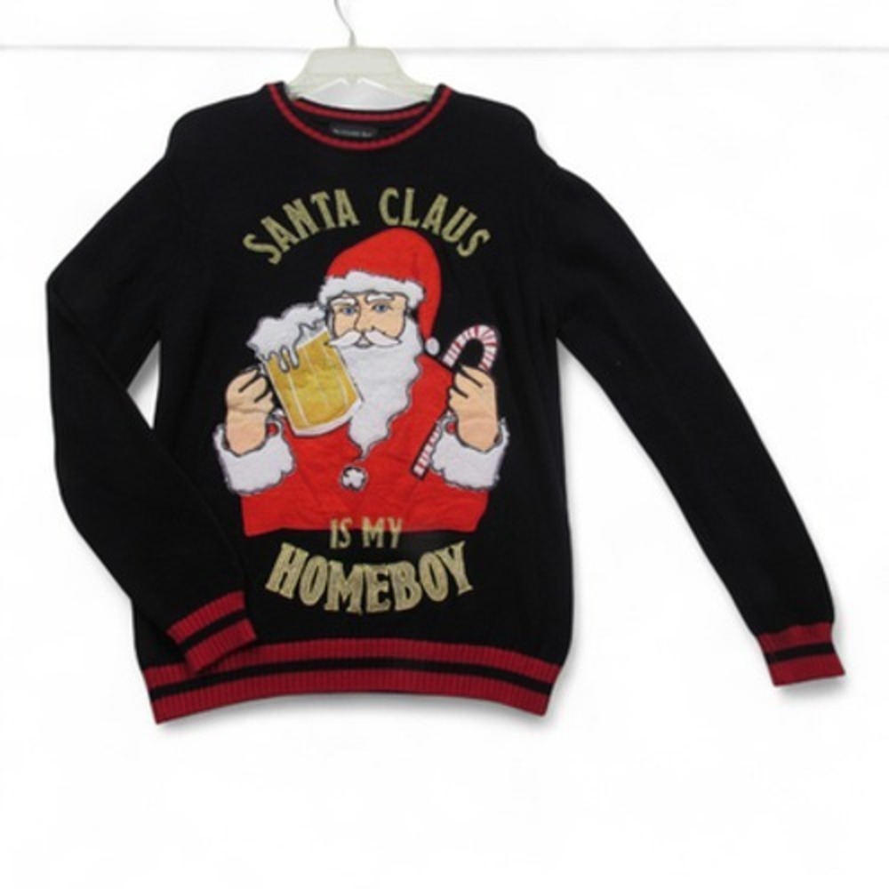 Blizzard‎ Bay Sweater Mens Small Black Santa Claus Is My Homeboy Ugly Christmas
